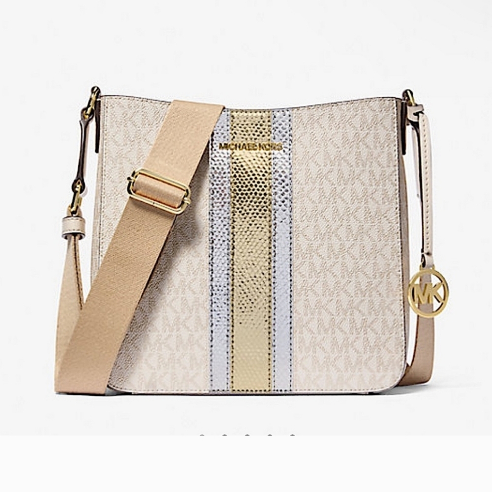 Michael Kors Jet Set Travel Small Signature Logo and Metallic Messenger Bag